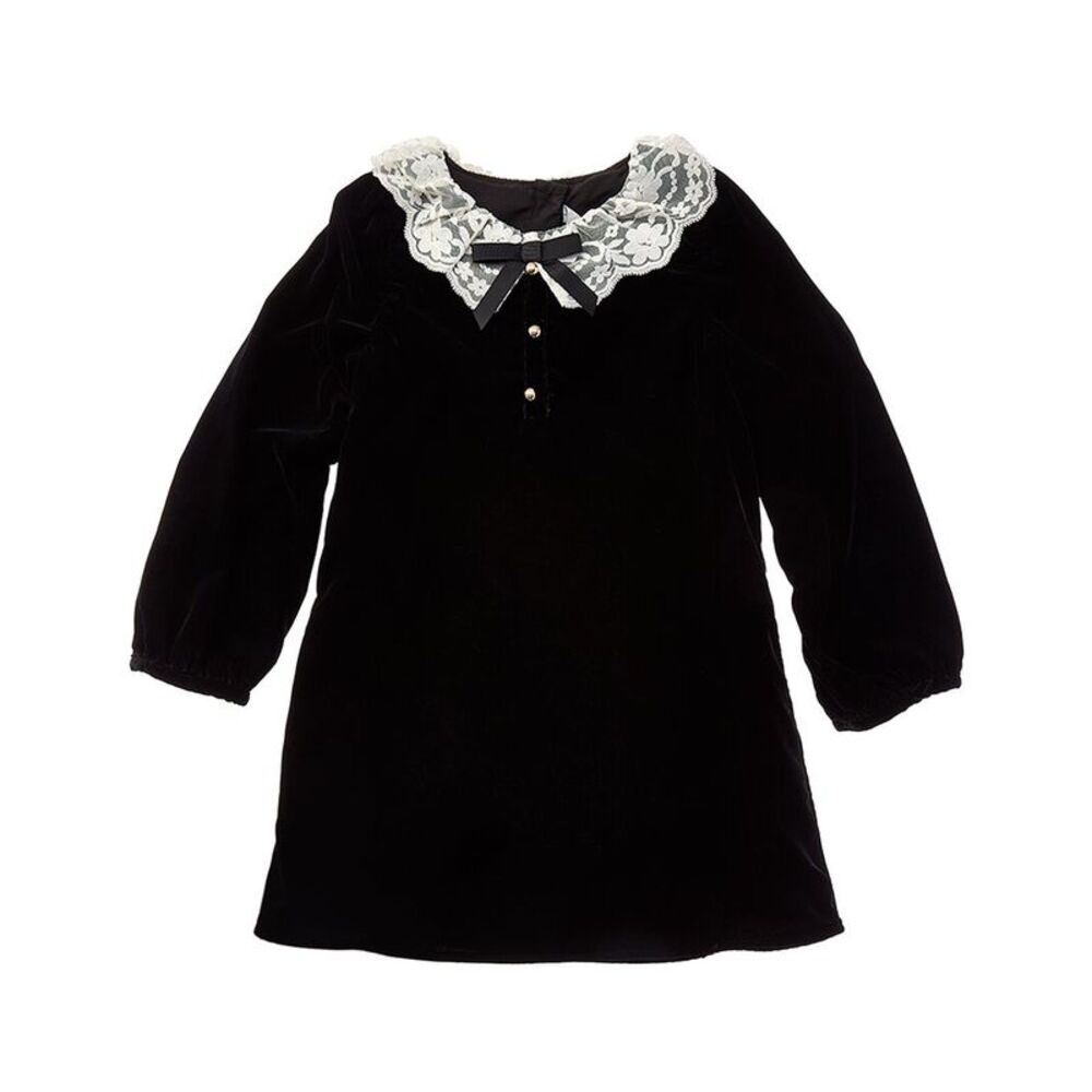 Janie And Jack Girls The Velvet Lace Collar Dress, Black